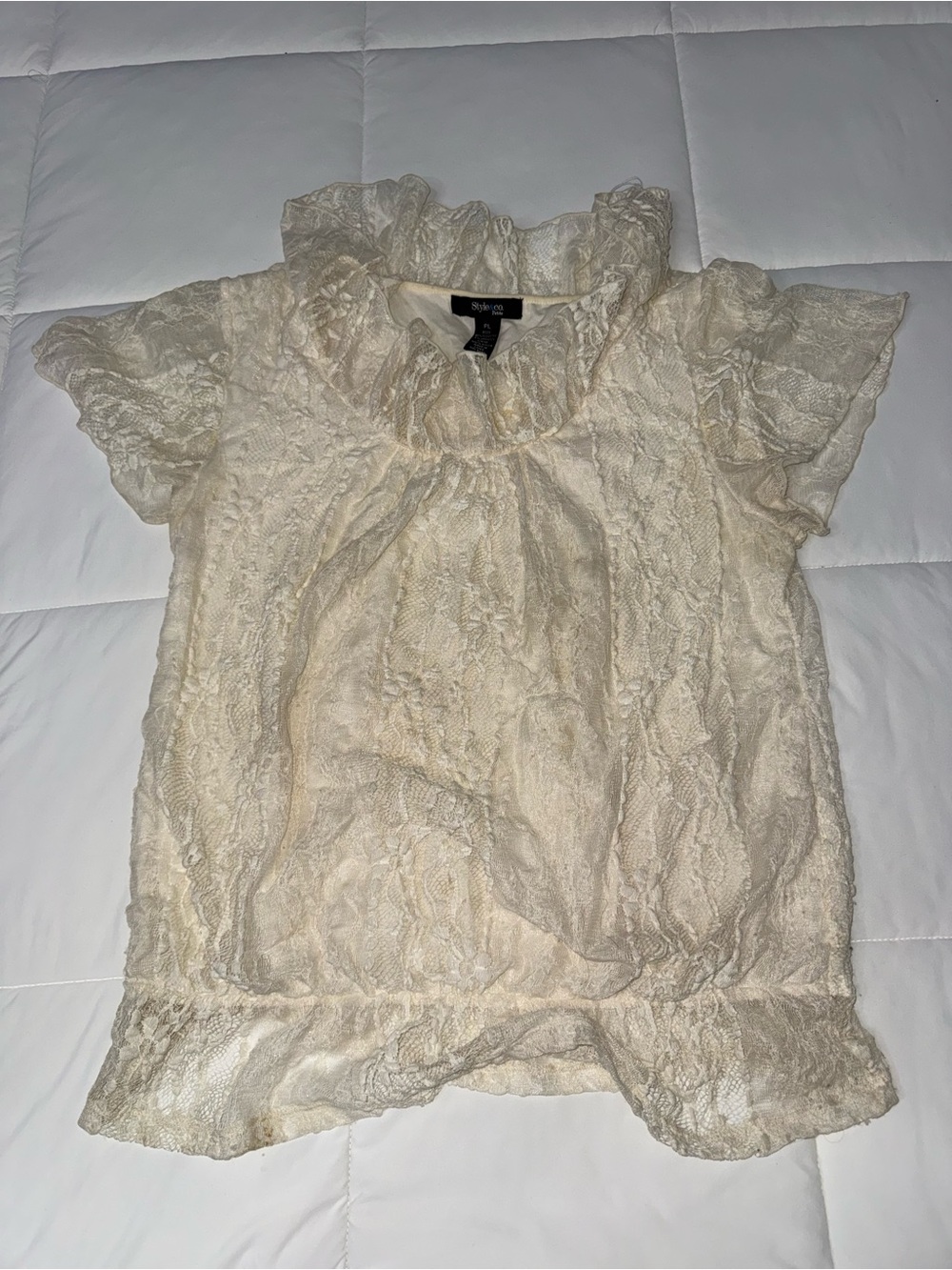Style & Co. Cream Lace Ruffle-Neck Short Sleeve Blouse